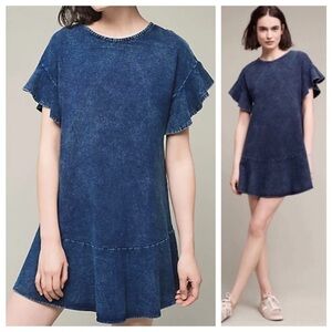 Anthropologie Saturday Sunday Odette Indigo Washed Ruffle Sleeve Mini Dress M